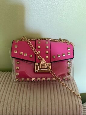 Unbranded Pink Studded Clear Crossbody with Gold Chain